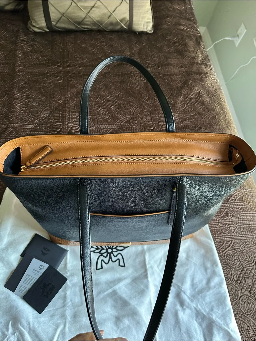 MCM Visetos Tote with Black and Cognac Leather Detailing
